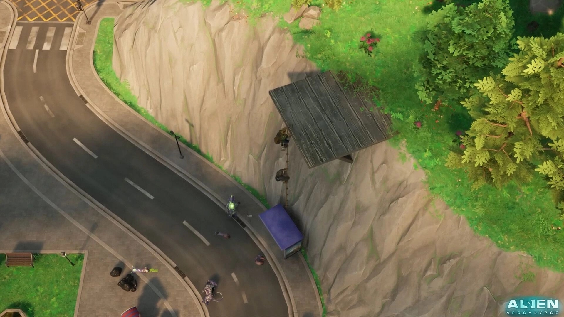 Alien Apocalypse: Characters climbing cliff near road with scattered alien debris and foliage nearby