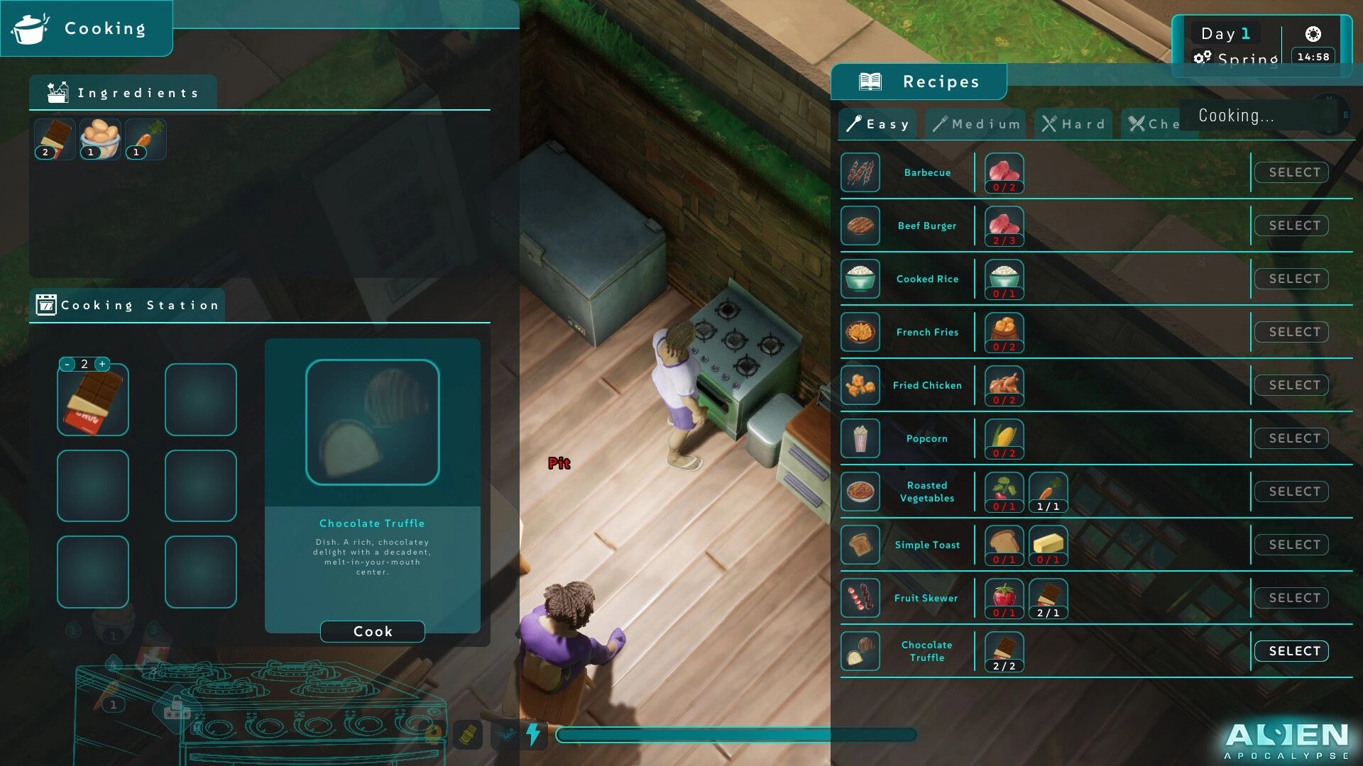 Alien Apocalypse: Cooking station with recipe options and ingredients in a rustic kitchen setting