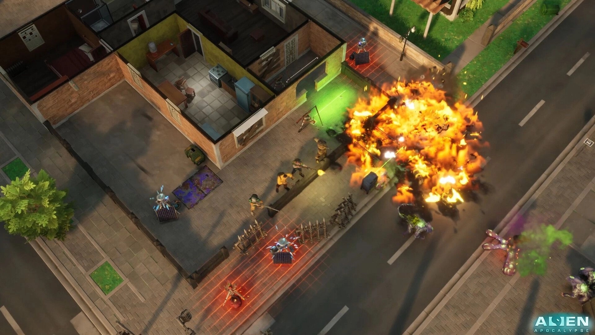 Alien Apocalypse: Combat with aliens near a burning explosion, defenses set up in a suburban street.