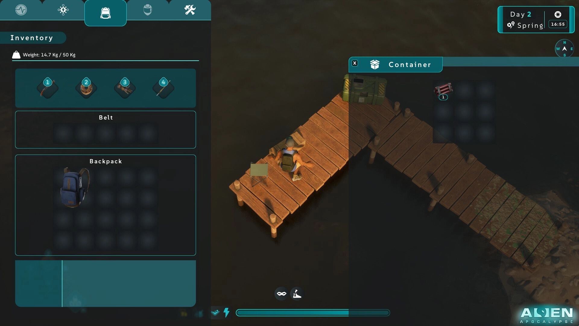 Alien Apocalypse: Character sits on dock near container with inventory menu open in a survival setting.