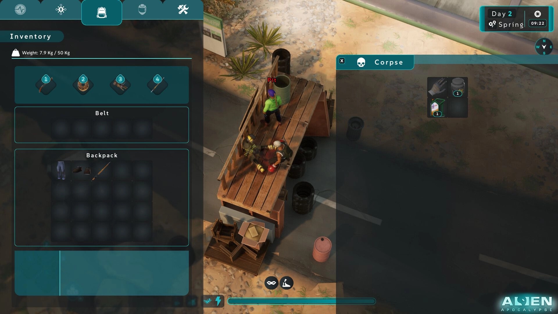 Alien Apocalypse: Inventory menu open as player character stands by a corpse on a wooden platform