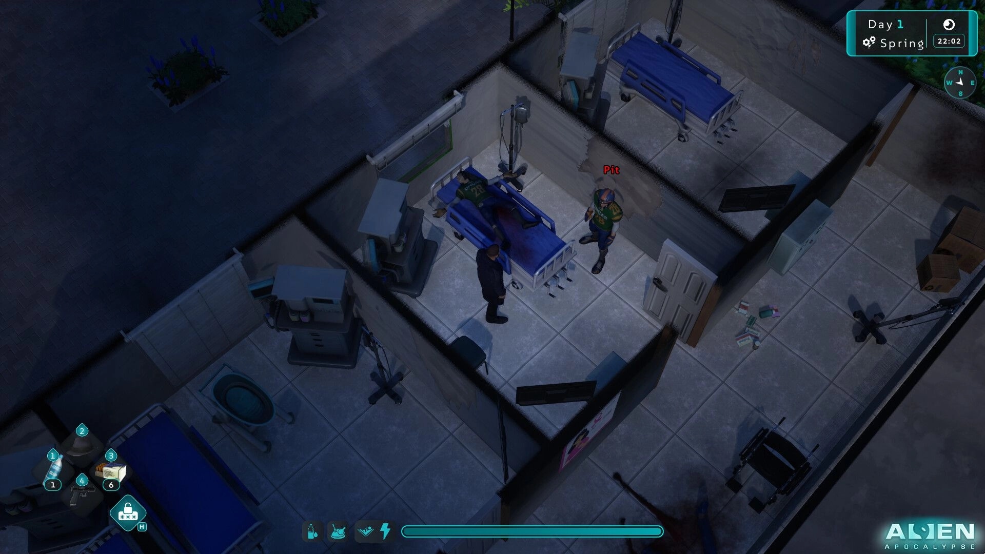 Alien Apocalypse: Two characters in a hospital room with medical equipment and a visible inventory menu