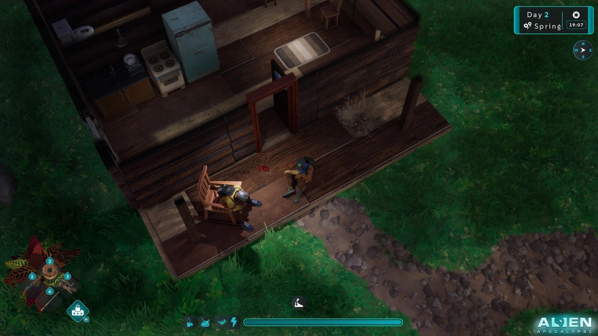 Alien Apocalypse: Player character interacts with NPC named Pit on a rustic cabin porch in springtime.