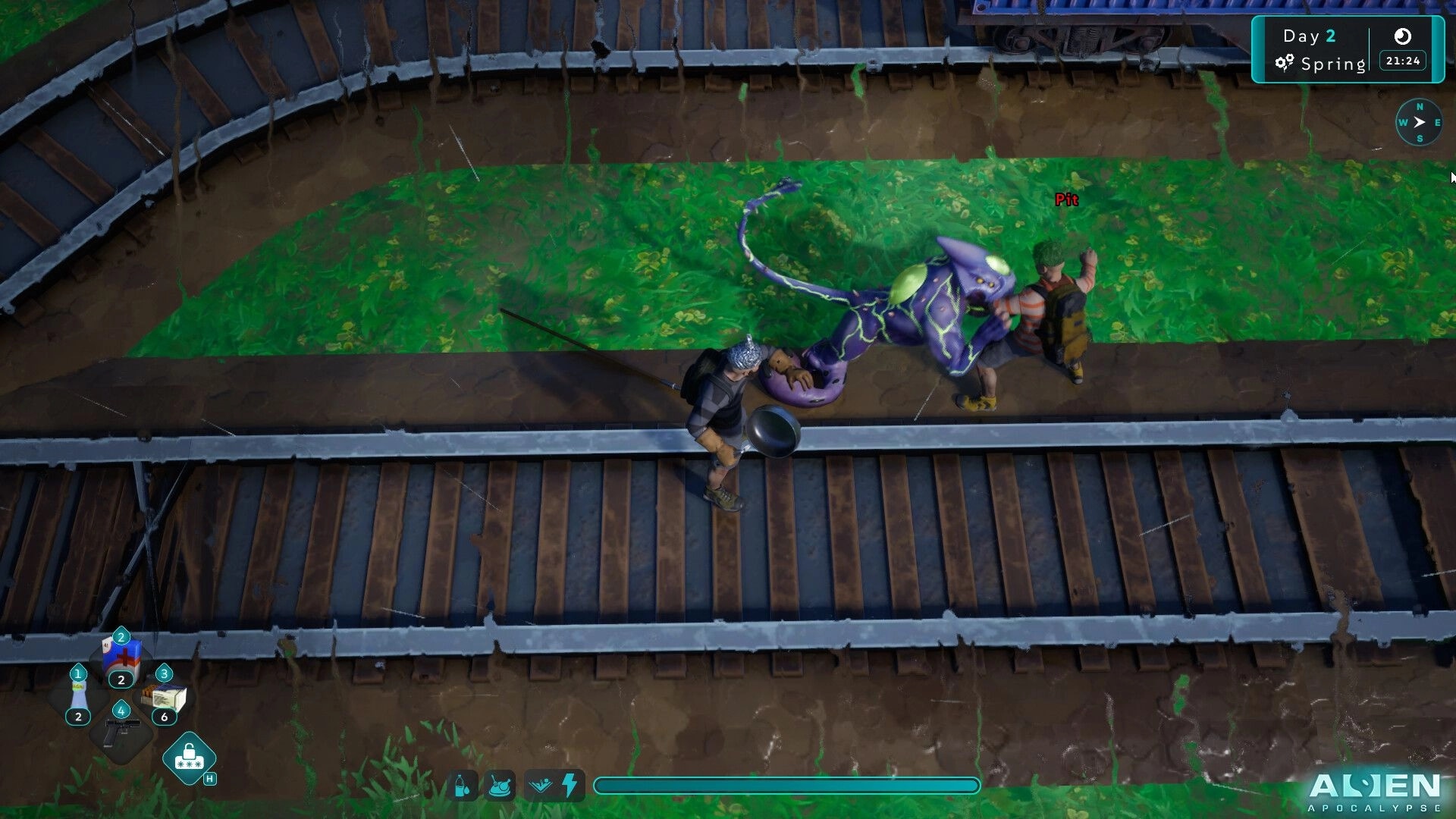 Alien Apocalypse: Player wields a pan fighting alien creature on tracks, inventory menu visible