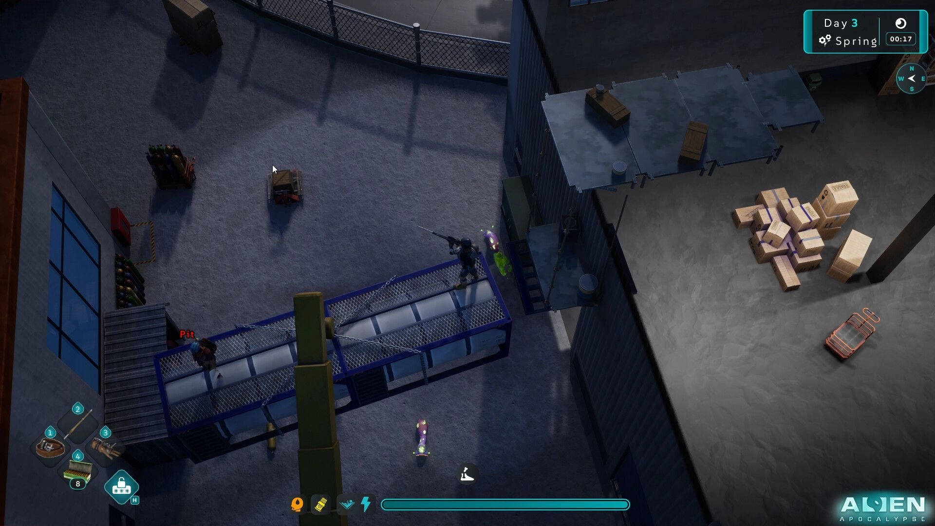 Alien Apocalypse: Player on rooftop aiming rifle at aliens in industrial area with scattered crates