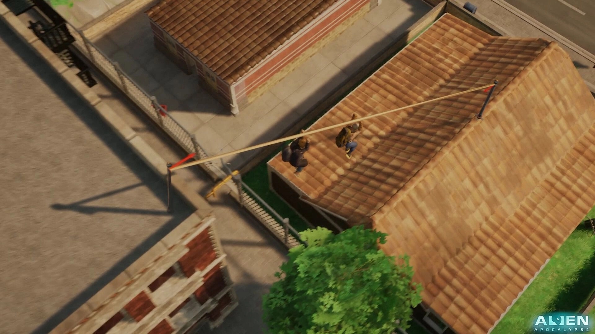 Alien Apocalypse: Two survivors zipline across rooftops in a suburban neighborhood after alien invasion
