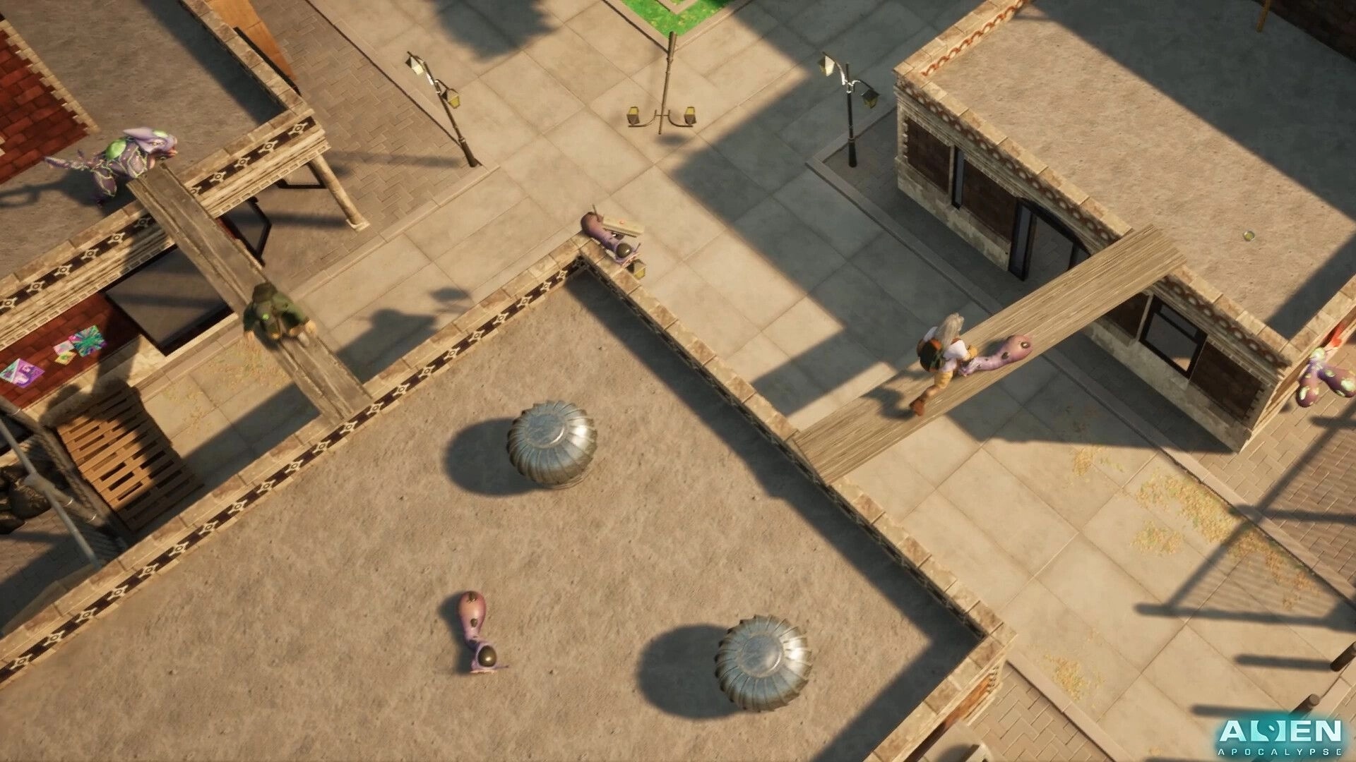 Alien Apocalypse: Player crossing rooftop bridge in urban environment with lurking alien creatures below