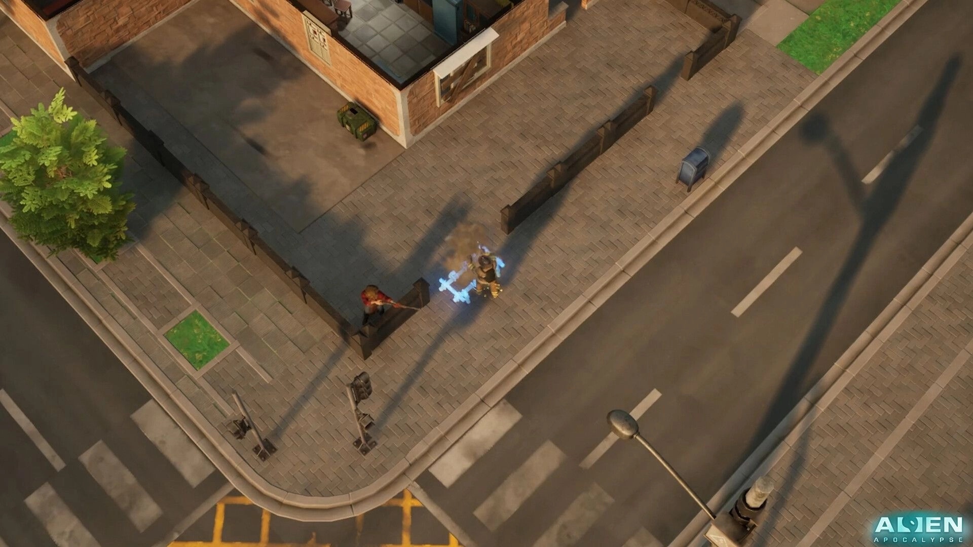 Alien Apocalypse: Player using alien technology on urban street corner near building and parked vehicle