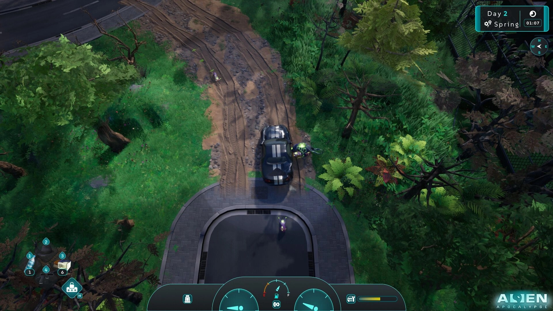 Alien Apocalypse: Overhead view of vehicle navigating forest path with visible inventory and HUD elements.