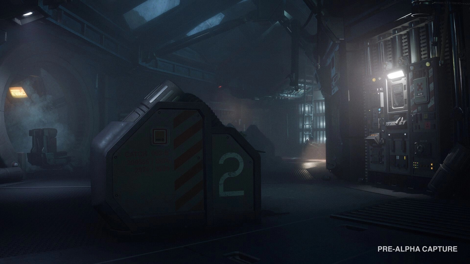 Alien: Dim industrial corridor with fog, numbered cargo crate and lit control panels on station deck.