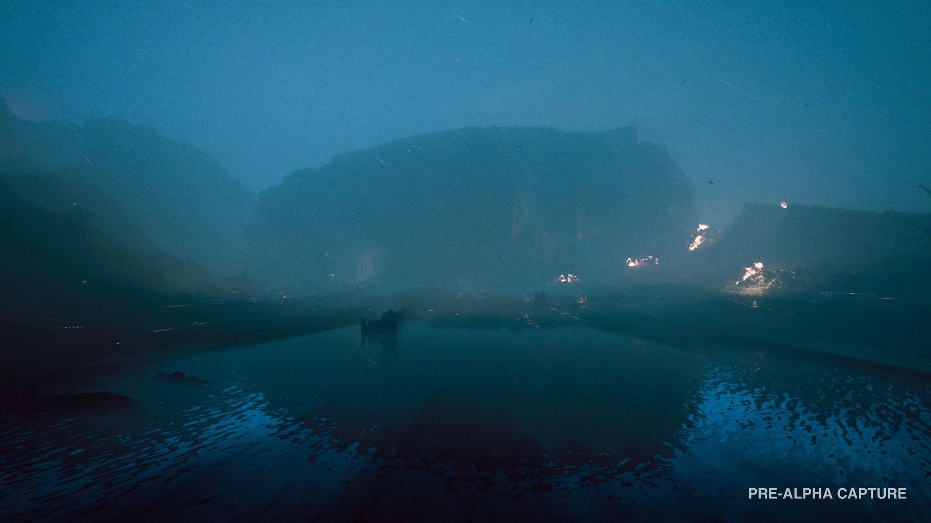 Alien: Distant view of a foggy alien shoreline with water reflections and scattered fires at night.