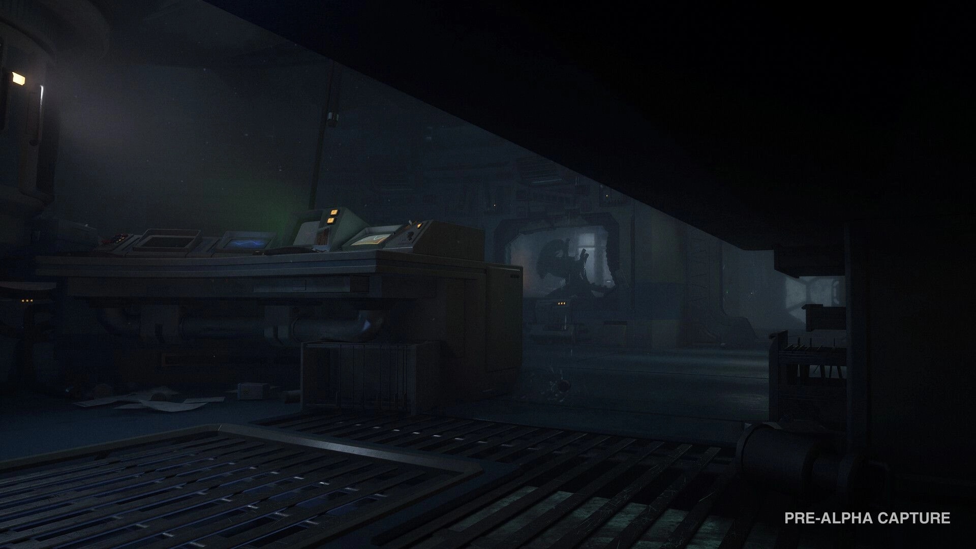 Alien: Dim control room with consoles and grated floor, shadowy figure framed in distant doorway.