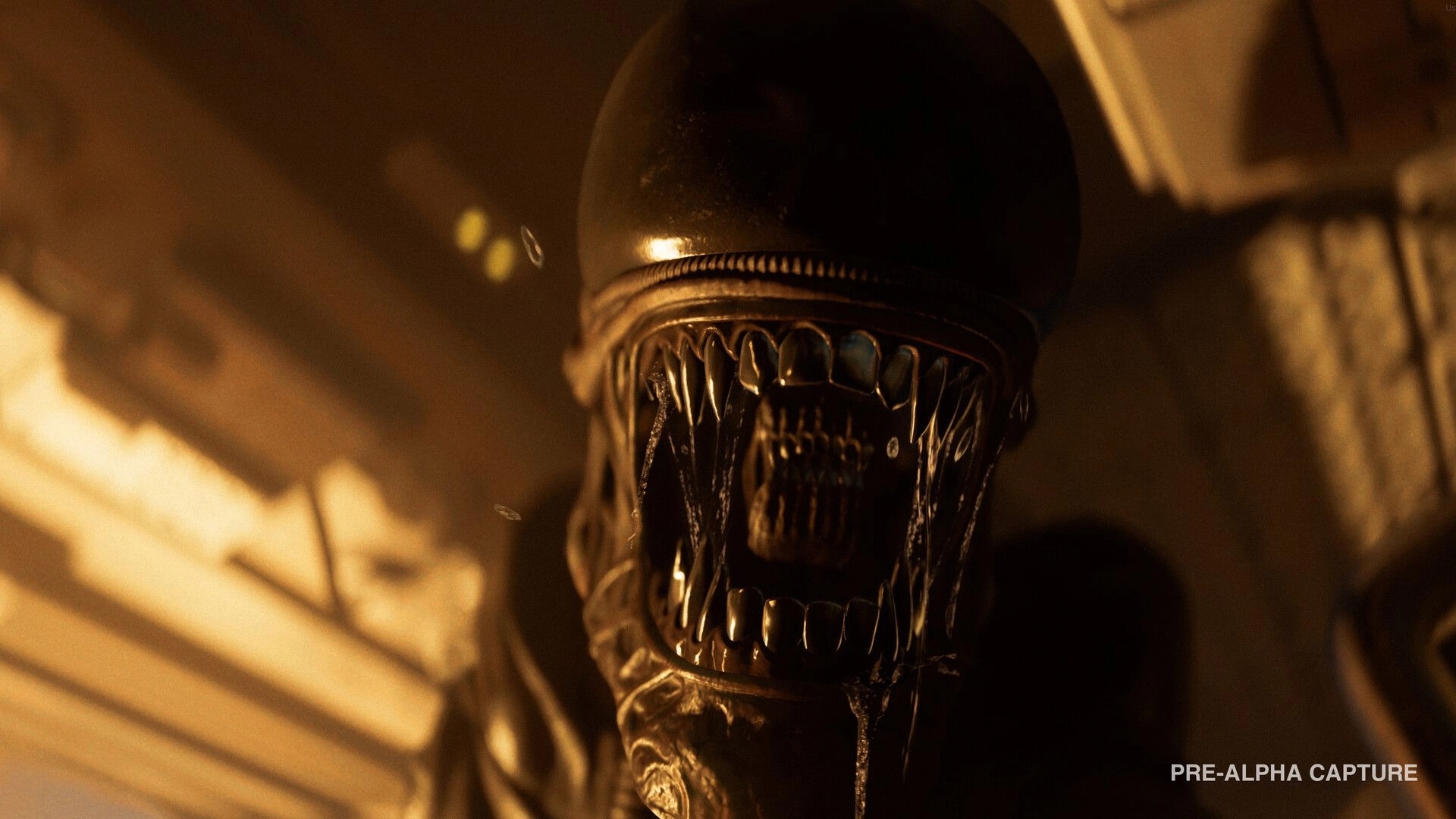 Alien: Close-up of a xenomorph snarling in a dim spaceship corridor with PRE-ALPHA CAPTURE text.