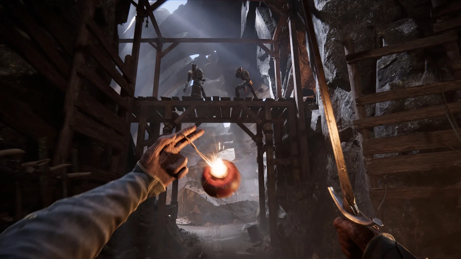Alkahest: Player throws explosive at two enemies on a wooden bridge in a dimly lit cavern setting.