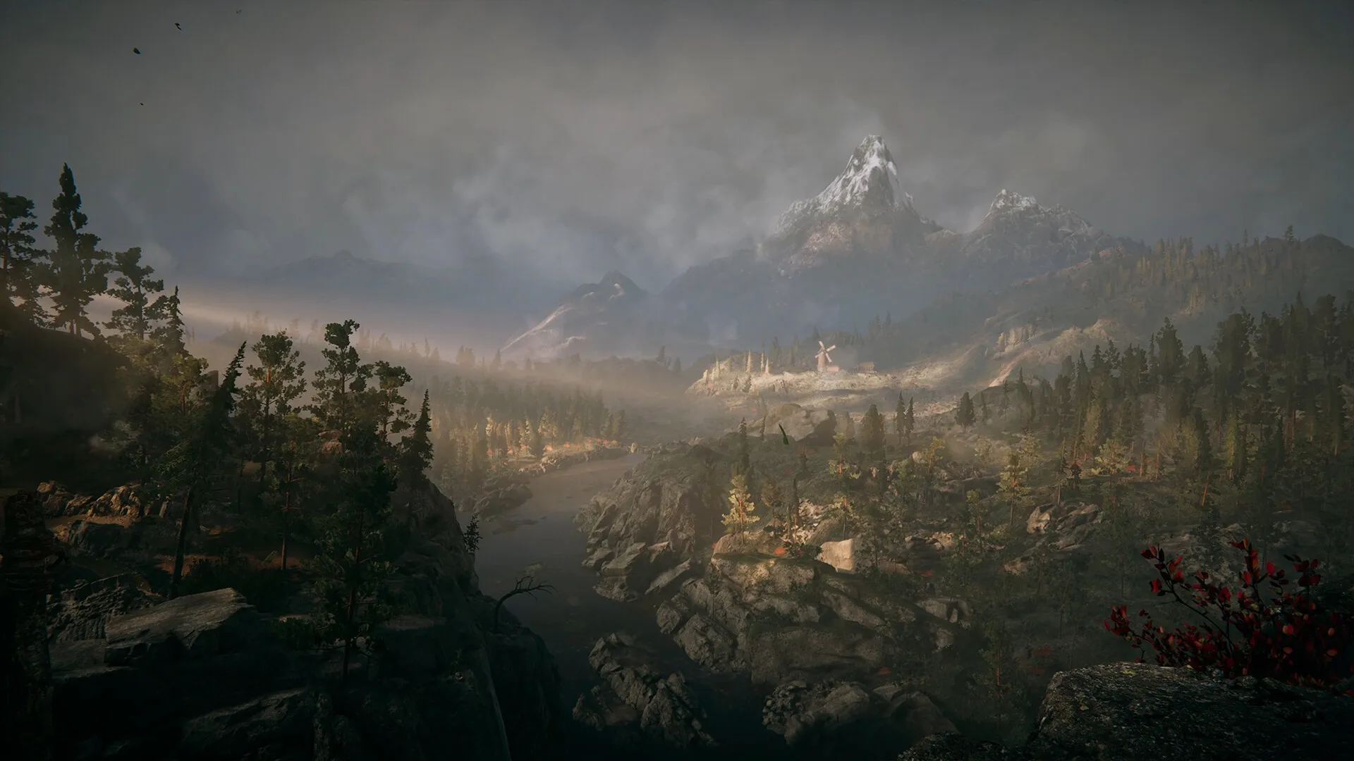 Alkahest: Expansive mountainous landscape with dense forests and a distant windmill under a cloudy sky.