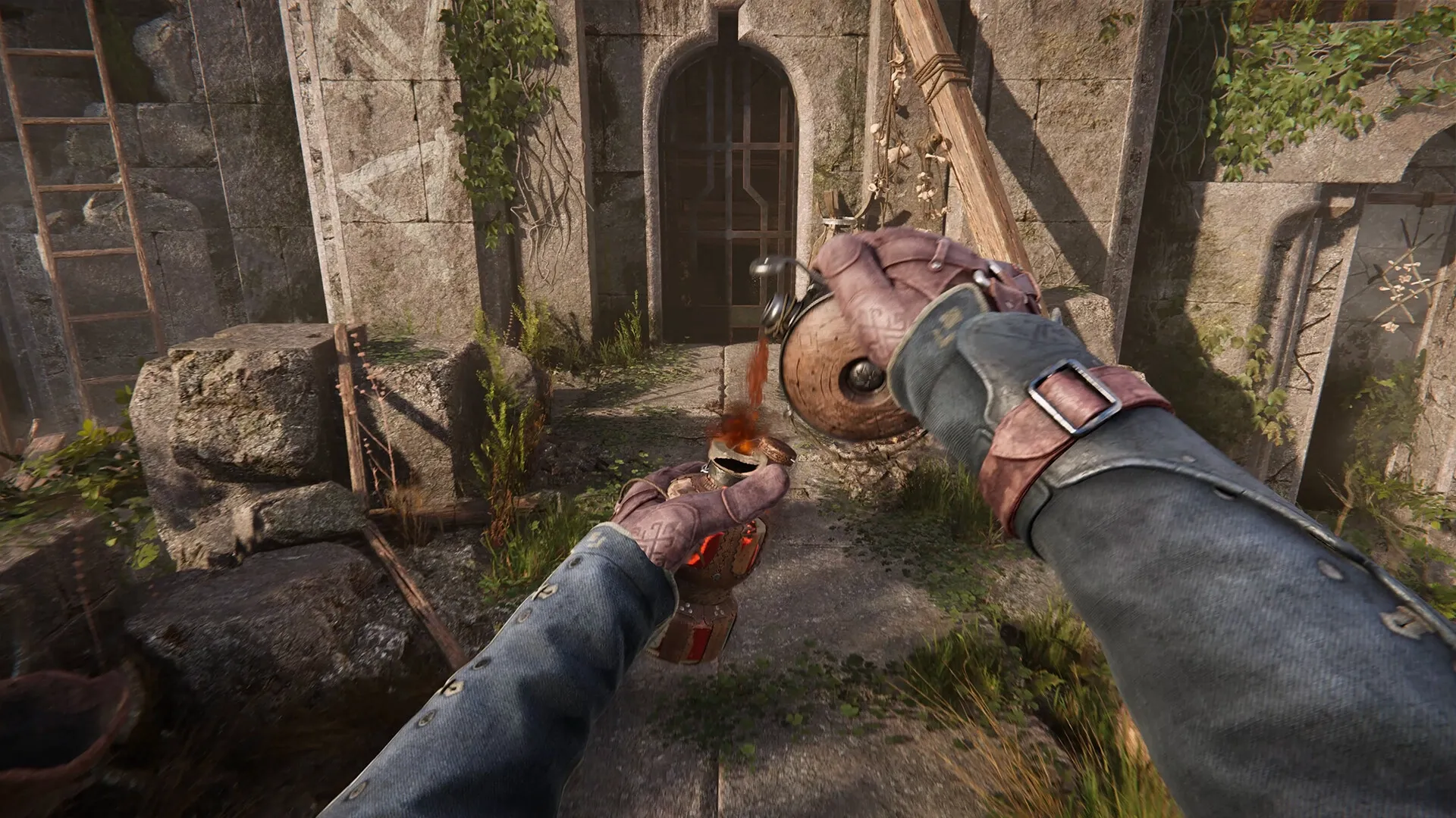 Alkahest: Player prepares alchemy potion in ancient stone courtyard with overgrown plants and door.