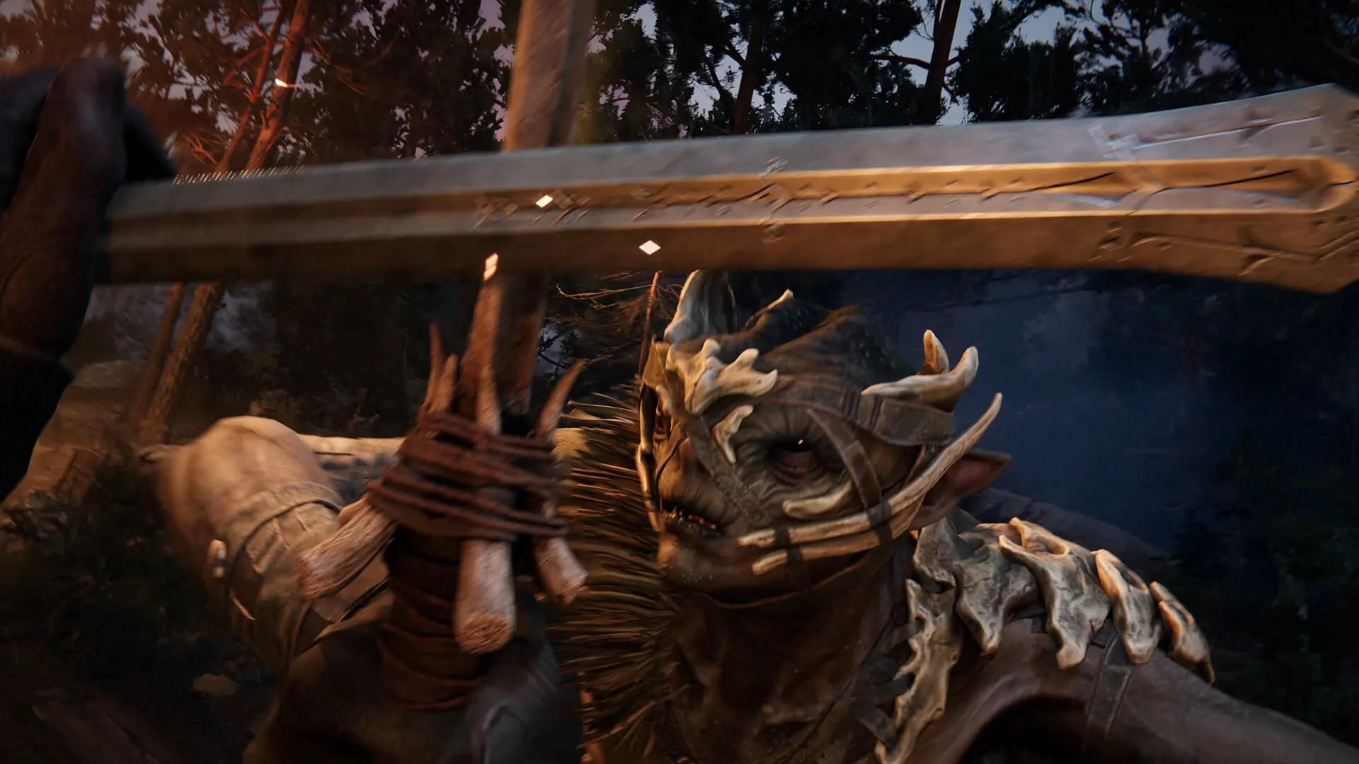 Alkahest: Intense melee combat against armored creature in dark forest setting