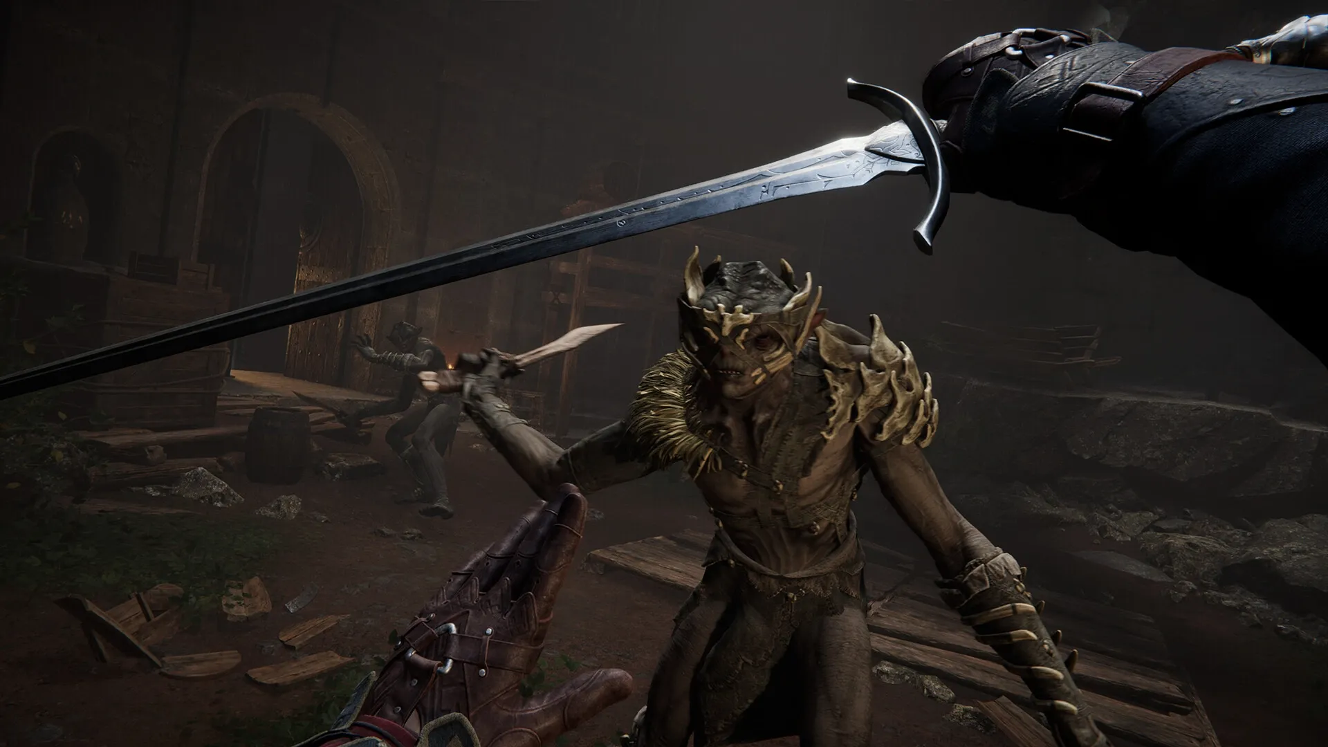Alkahest: Intense melee combat with a horned creature in a dimly lit medieval dungeon setting.