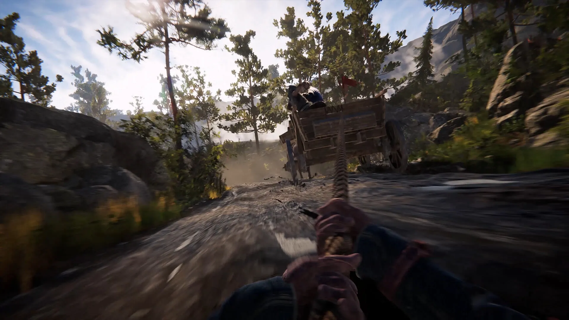 Alkahest: Player gripping rope chasing cart through forest path under bright sky and dense trees