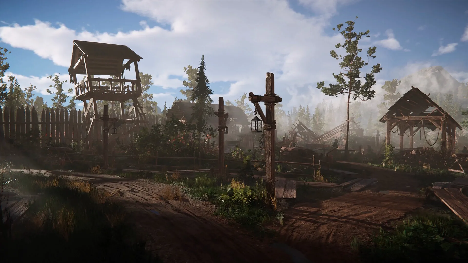 Alkahest: A rustic medieval village with watchtowers and wooden structures under a clear blue sky.