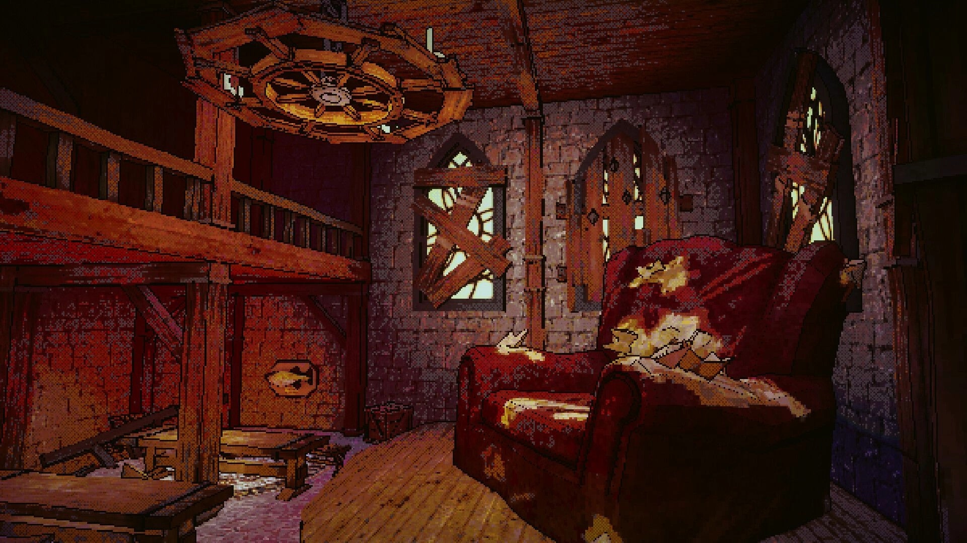 All Haul the King: Empty ruined hall with red armchair and boarded windows under a wooden chandelier.