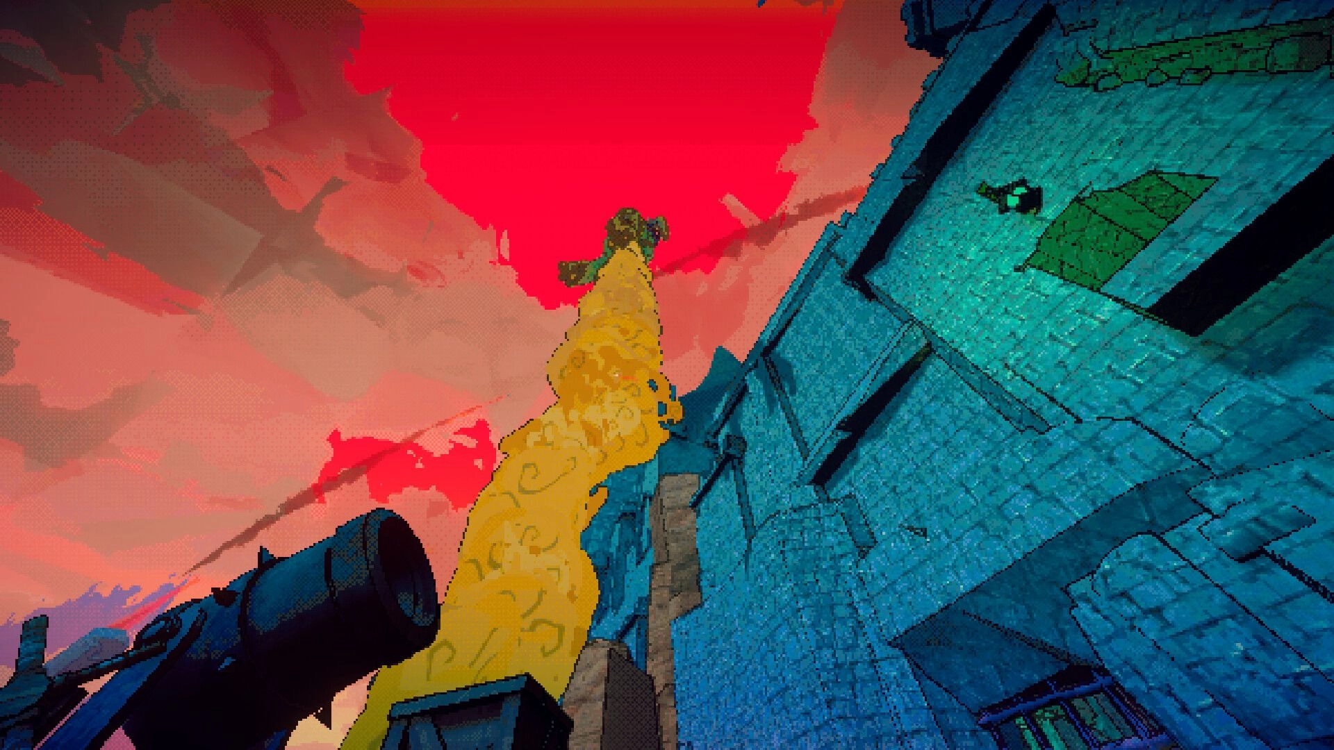 All Haul the King: Yellow smoke plume rises beside blue stone tower under a vivid red sky at dusk.