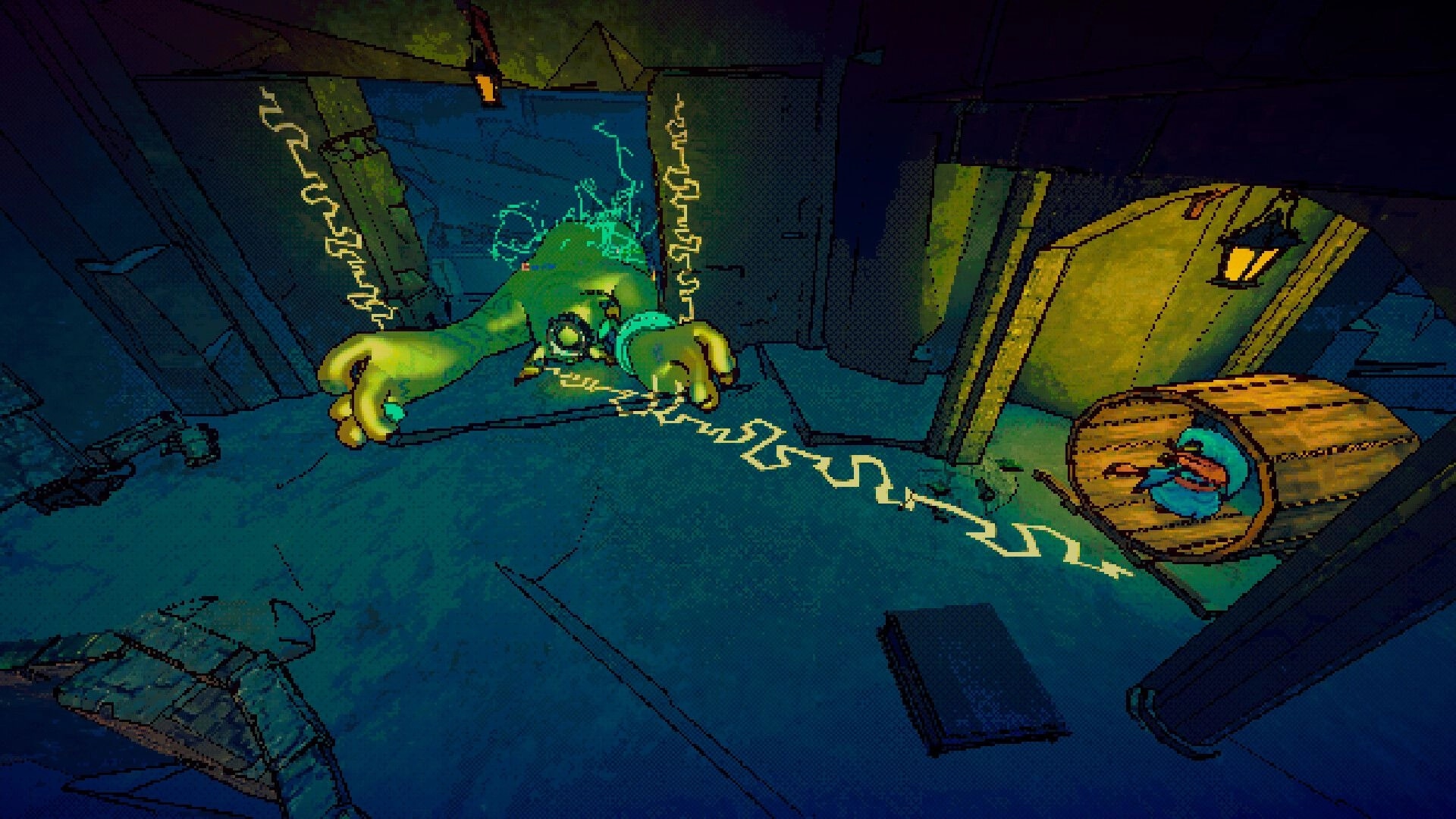 All Haul the King: Goblin corpse crackles with green energy on stone floor in dim crypt chamber.