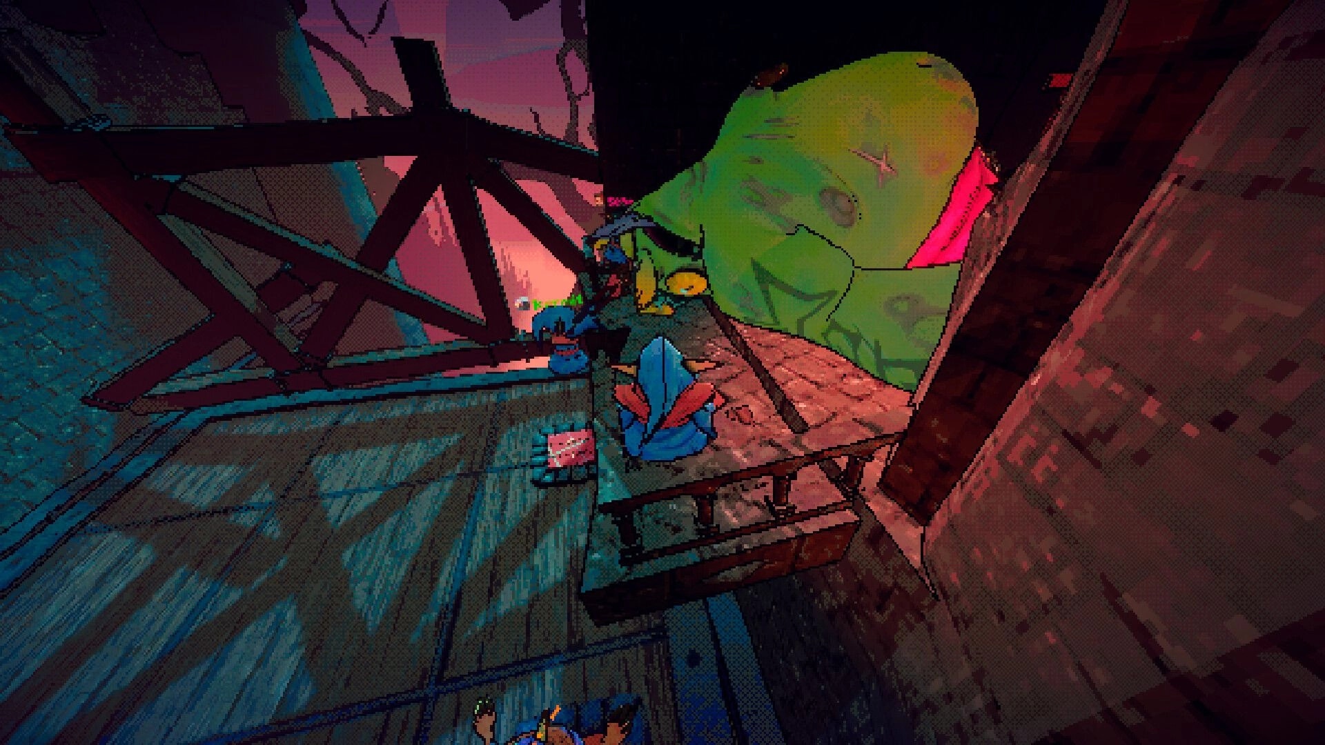 All Haul the King: Goblin carries the king up wooden stairs inside a neon-lit scaffolded tower room.