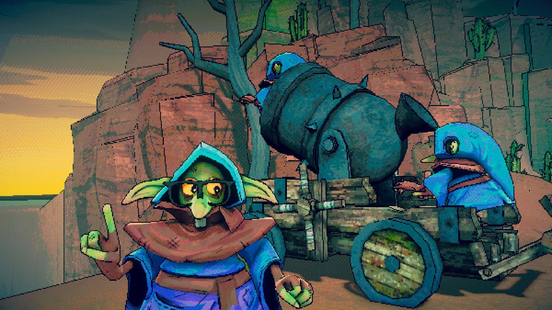 All Haul the King: Goblin points ahead beside cart hauling armored king through desert canyon cliffs.