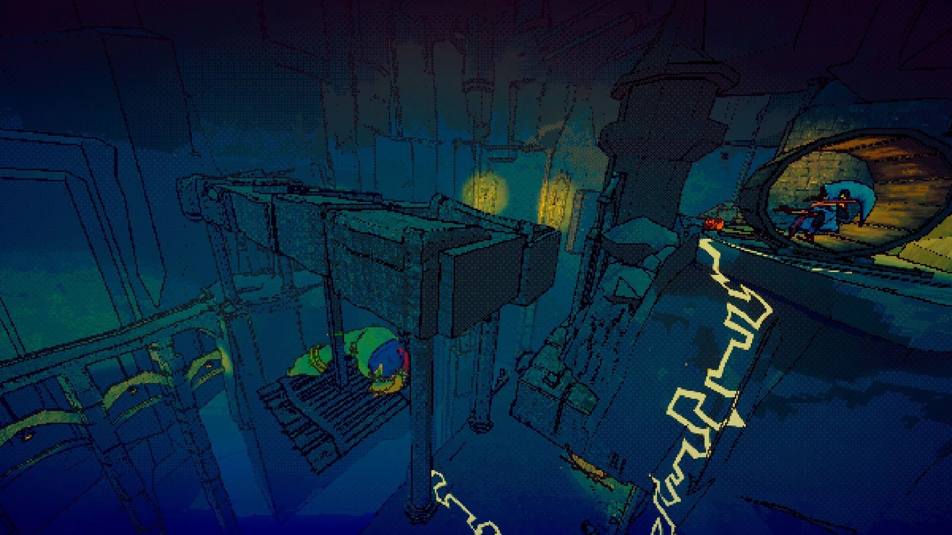 All Haul the King: Goblin climbs wooden platforms over chasm in blue ruins, lit by torches and runes.