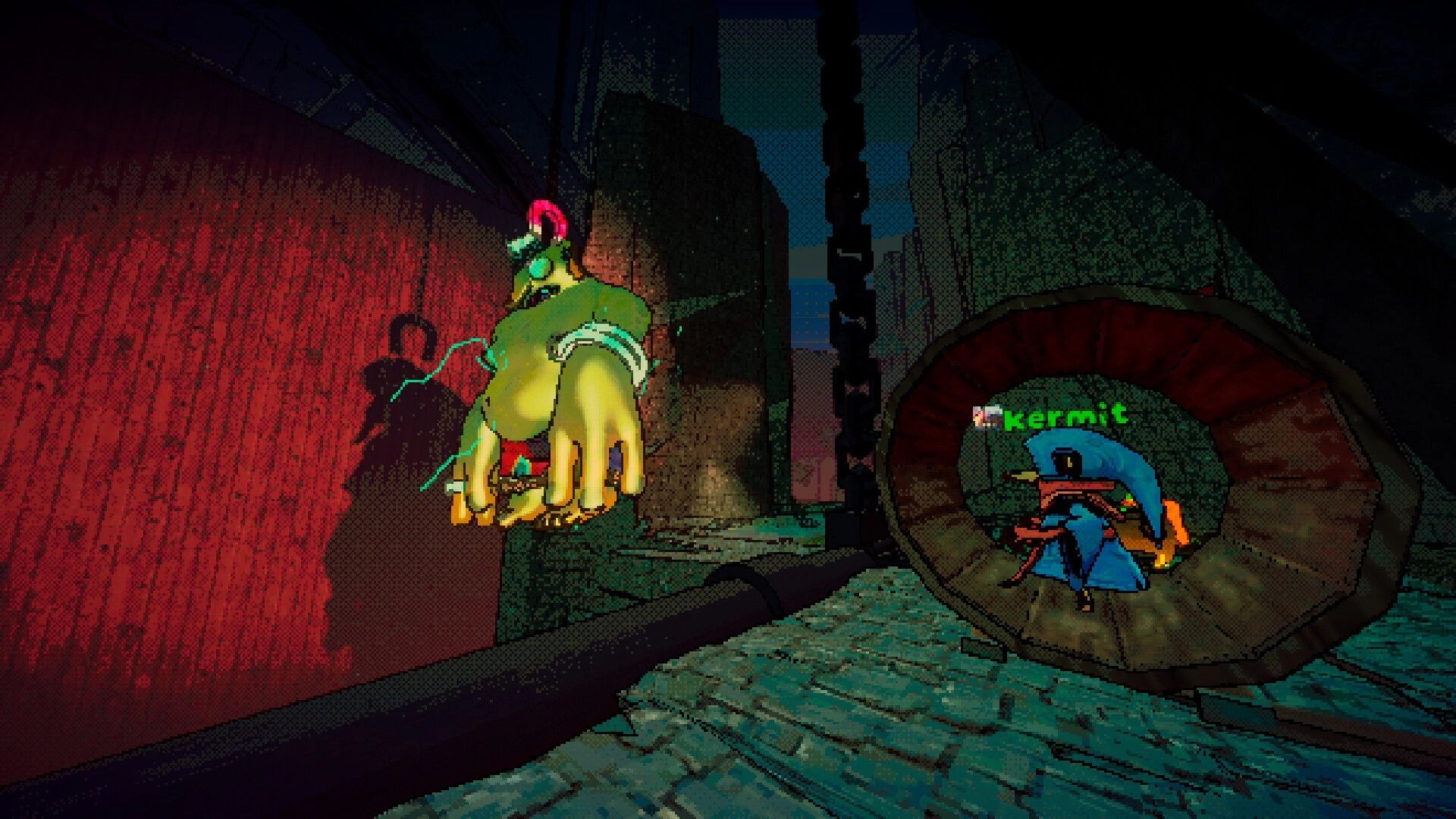 All Haul the King: Player Kermit runs through a stone tunnel past a hanging corpse in a dungeon corridor.