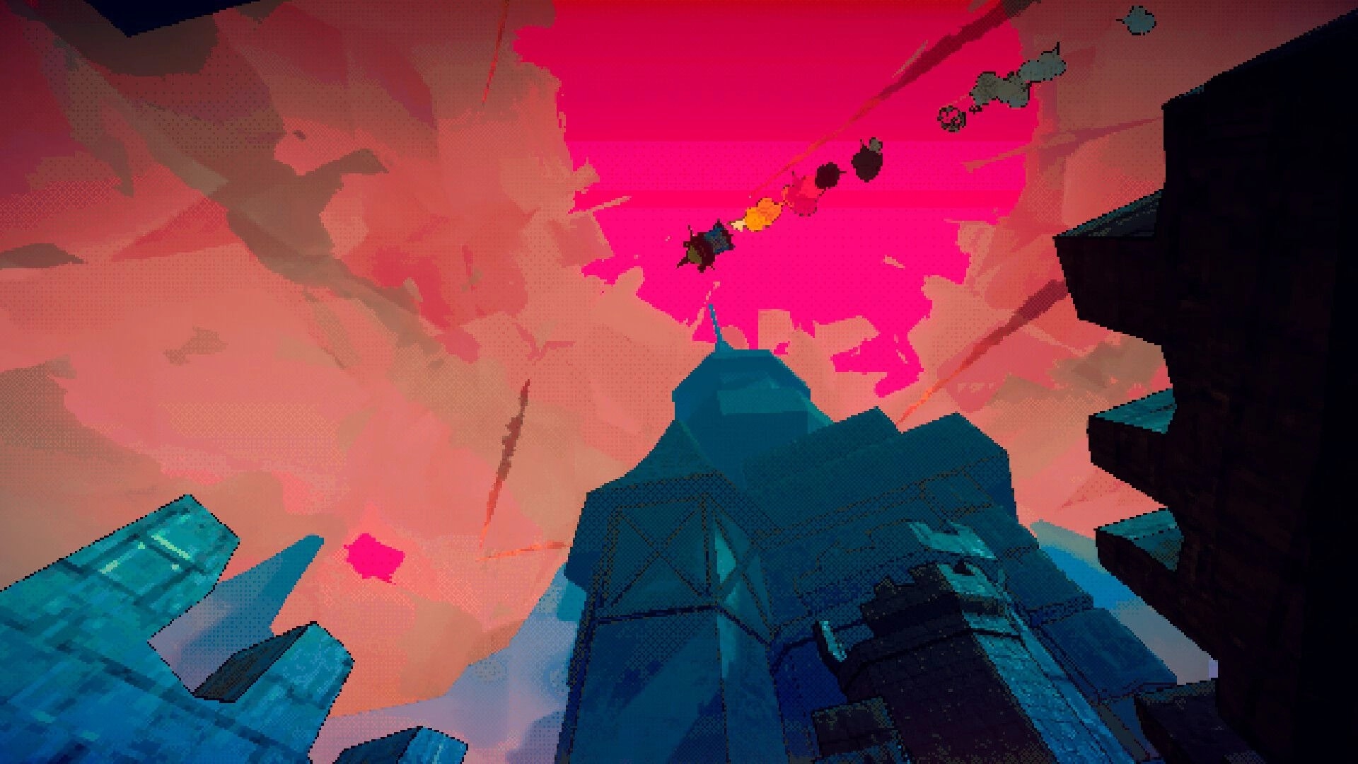 All Haul the King: Grappling line with dangling goblins above jagged blue cliffs under a pink sky.