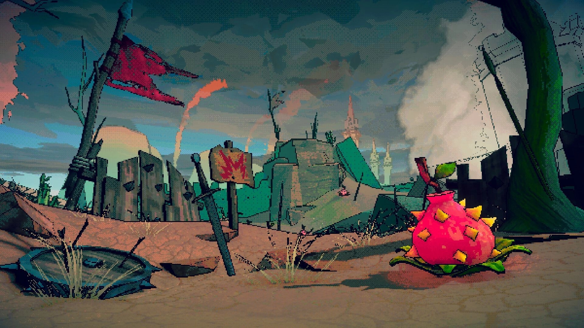 All Haul the King: Spiky pink plant hazard near a broken sign in a ruined courtyard under stormy skies.