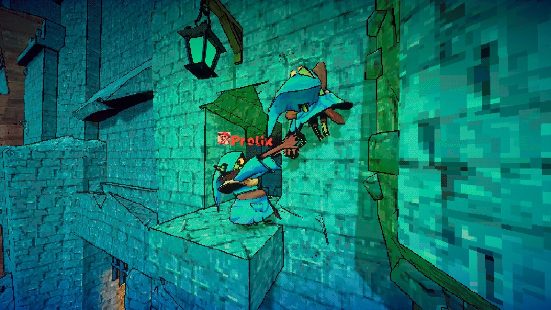 All Haul the King: Goblin player Prolix climbing stone ledges by a lantern in a blue castle corridor.