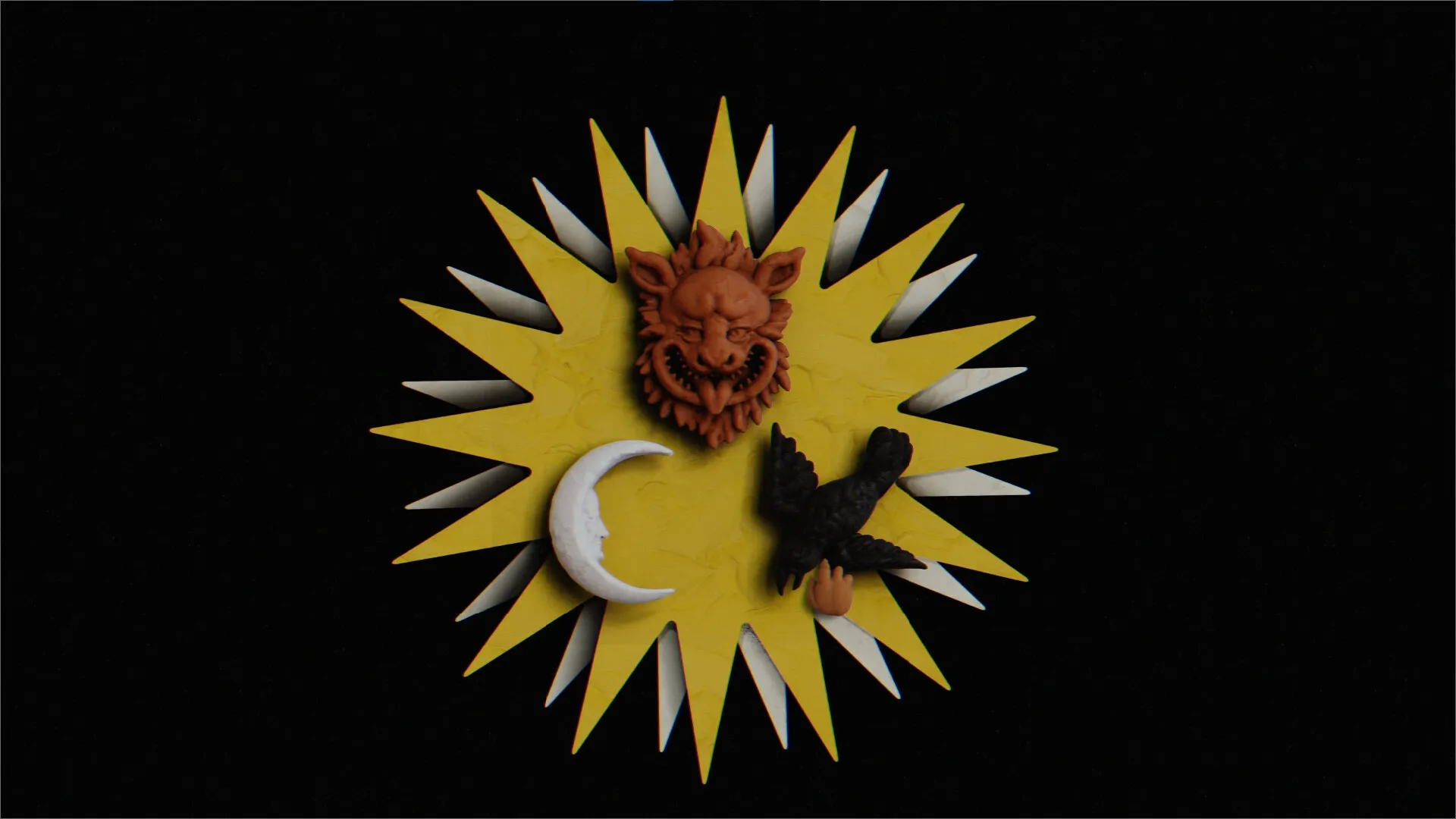 All Living Things: Sunburst emblem with wolf head, crescent moon, and raven on dark background