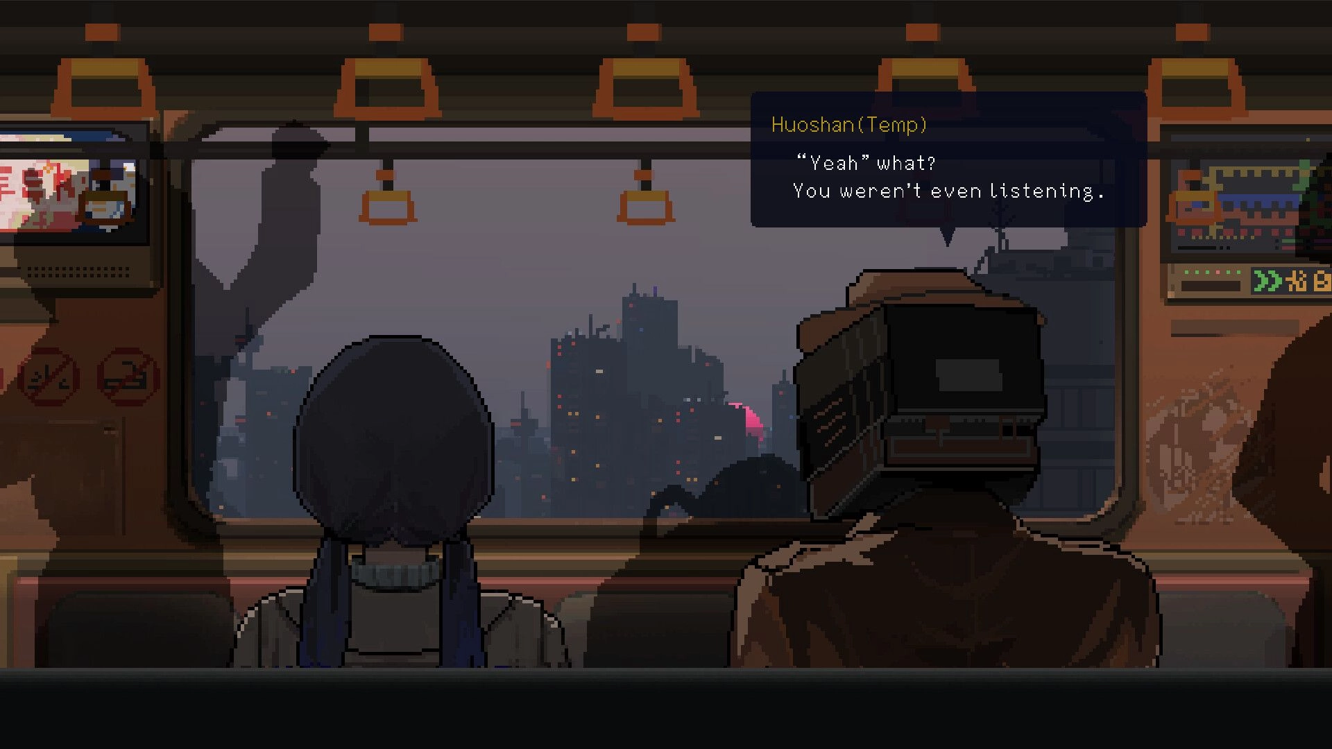 All Our Broken Parts: Huoshan conversing on a train with cityscape view and dialogue box visible