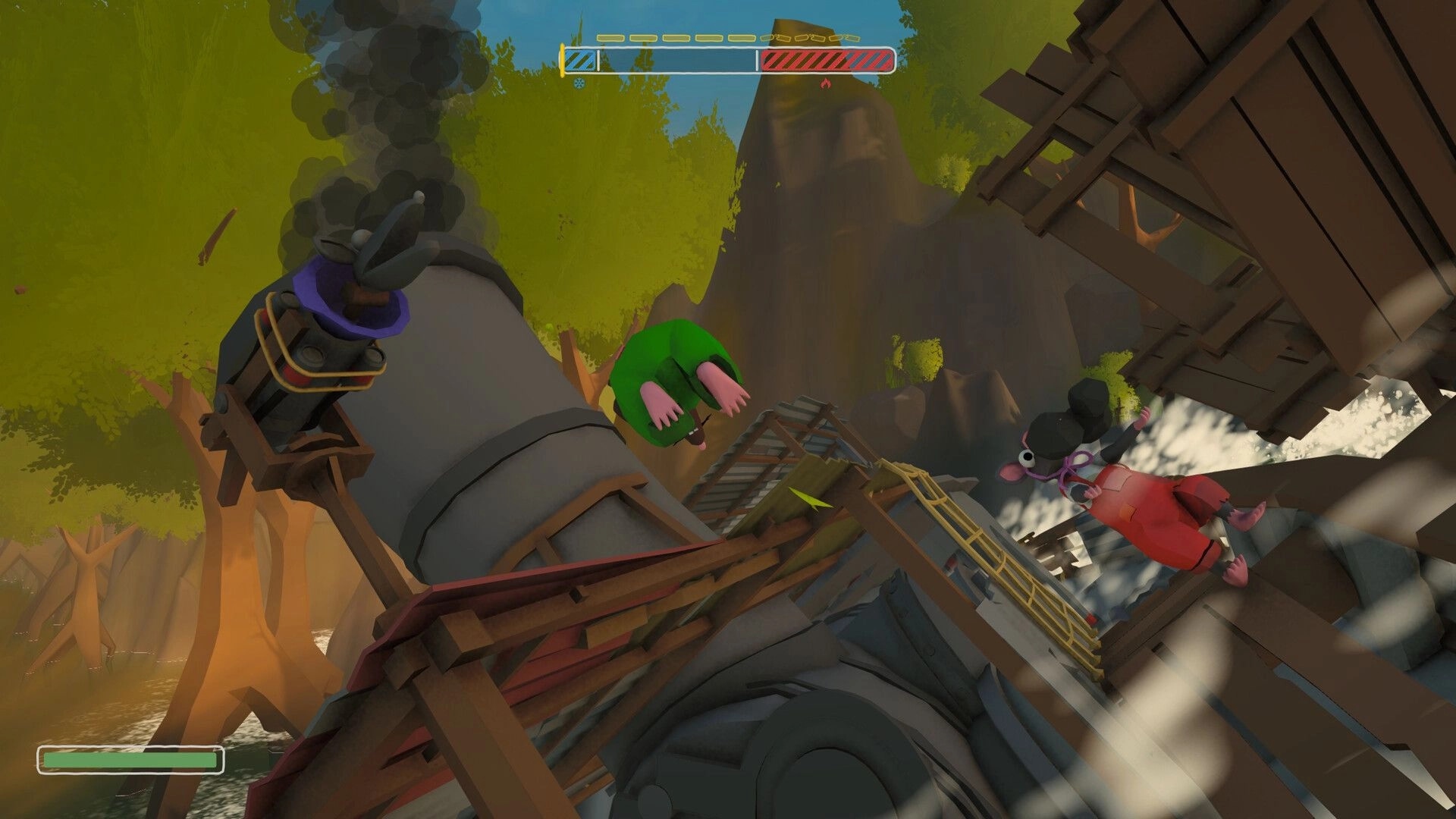 All Rats on Deck: Two rat crew cling to a tilted smokestack deck amid forest rapids with UI bars.