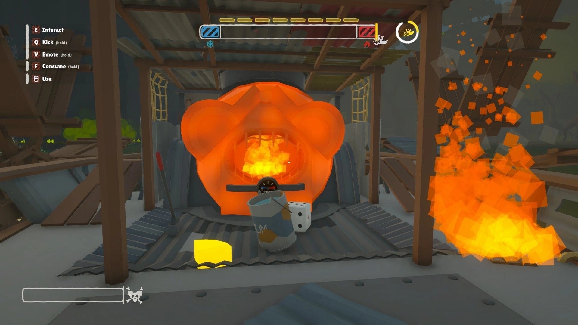 All Rats on Deck: Stoking the boat furnace as flames blaze beside a metal walkway and beams below deck.