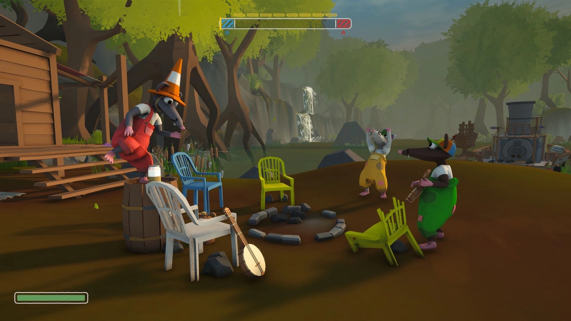 All Rats on Deck: Three rats gather by a campfire with chairs and banjo in a swampy clearing.