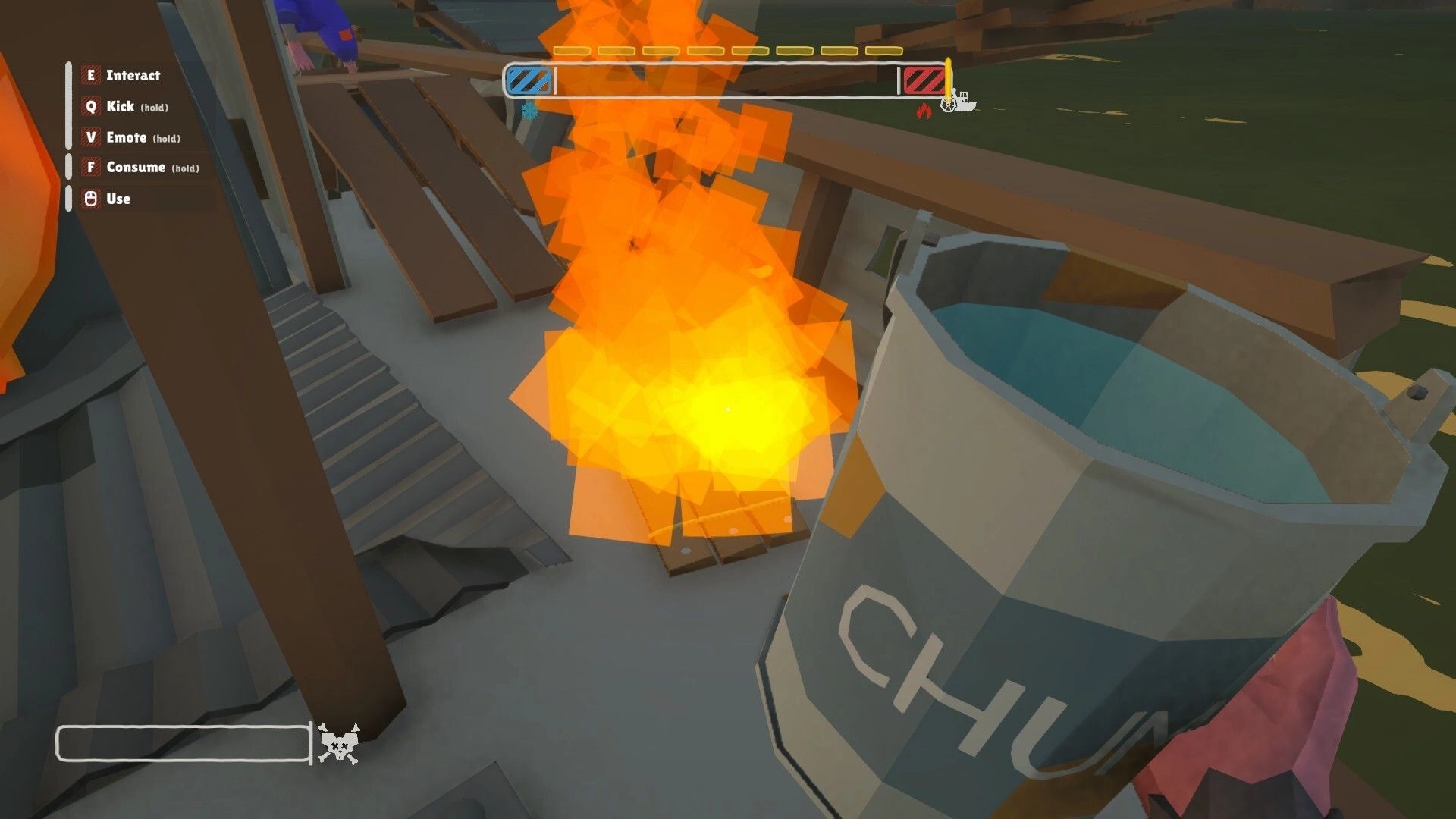 All Rats on Deck: Player holds a bucket by flames on the boat deck with interact controls UI visible.