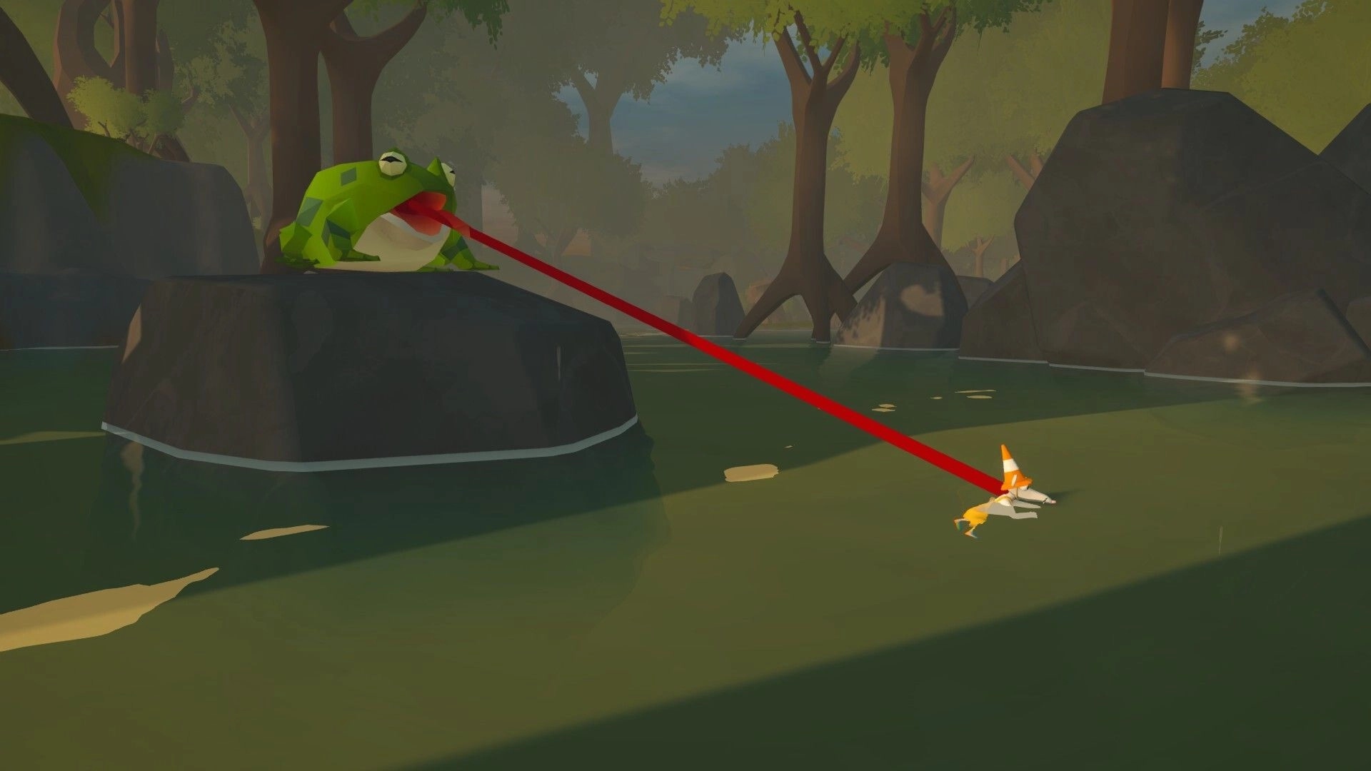 All Rats on Deck: Giant frog lashes tongue at a rat in river between rocks and trees.