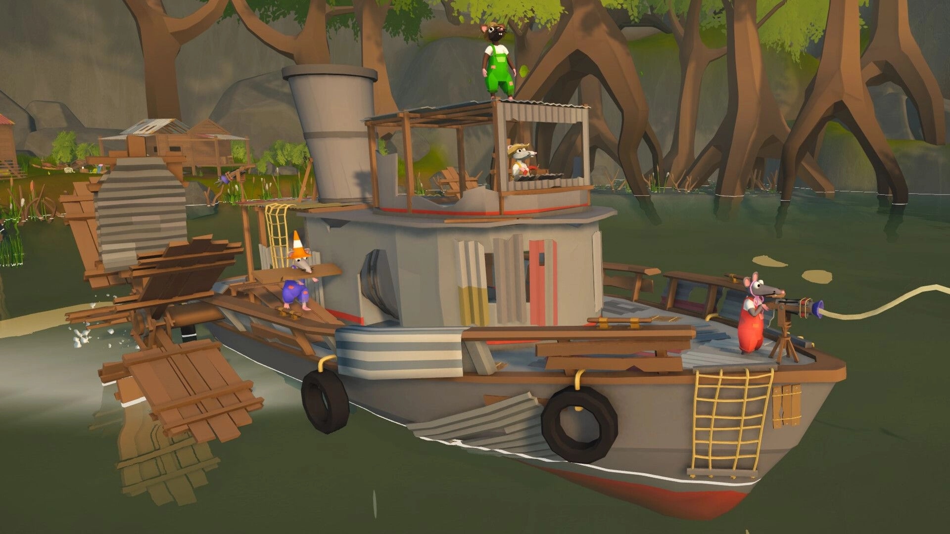 All Rats on Deck: Three rats crew a patched paddleboat in swampy water beside giant tree roots.