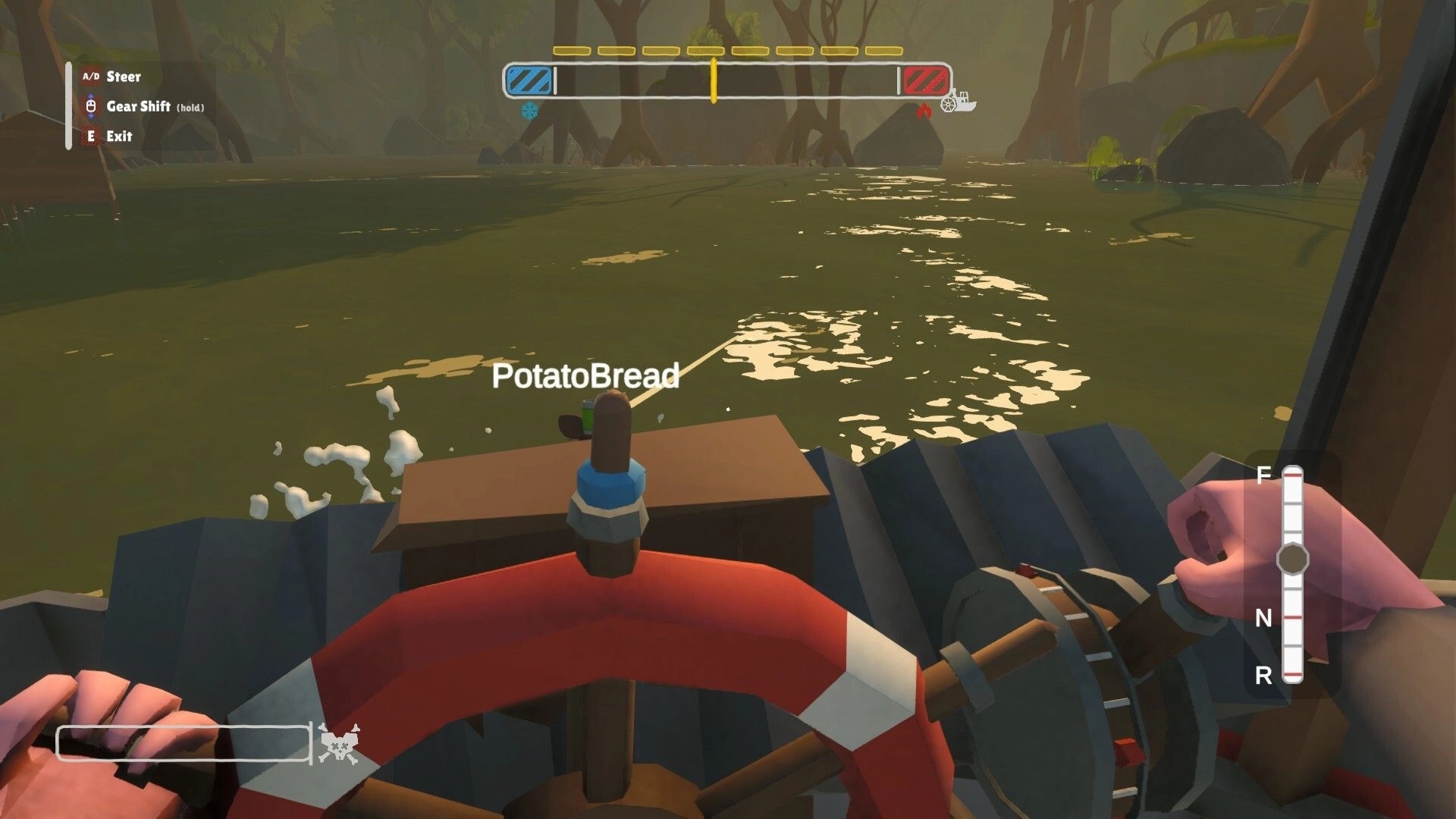 All Rats on Deck: Steering wheel view with player PotatoBread navigating a swampy river channel.