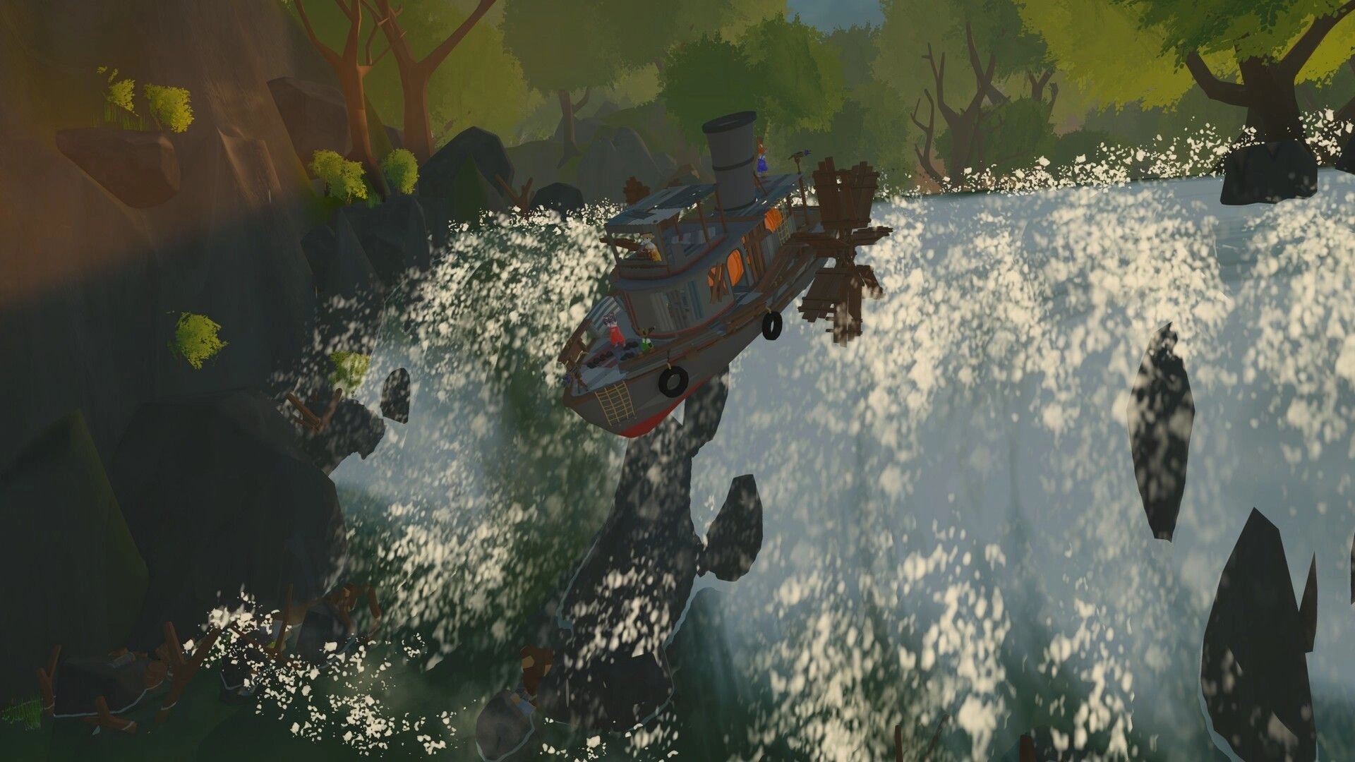 All Rats on Deck: Paddle steamboat tilting at a waterfall edge in a rocky forest river gorge.