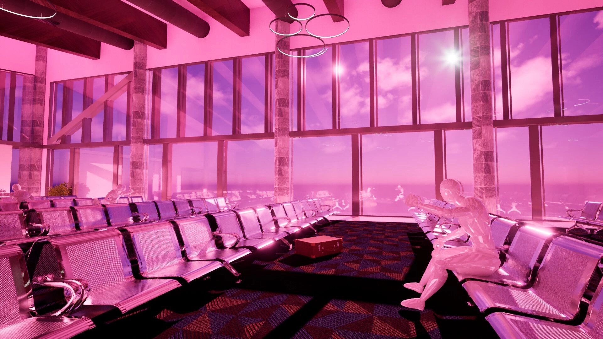 All That Time: Empty airport gate with pink light, rows of seats, ghostly figures, suitcase by windows.