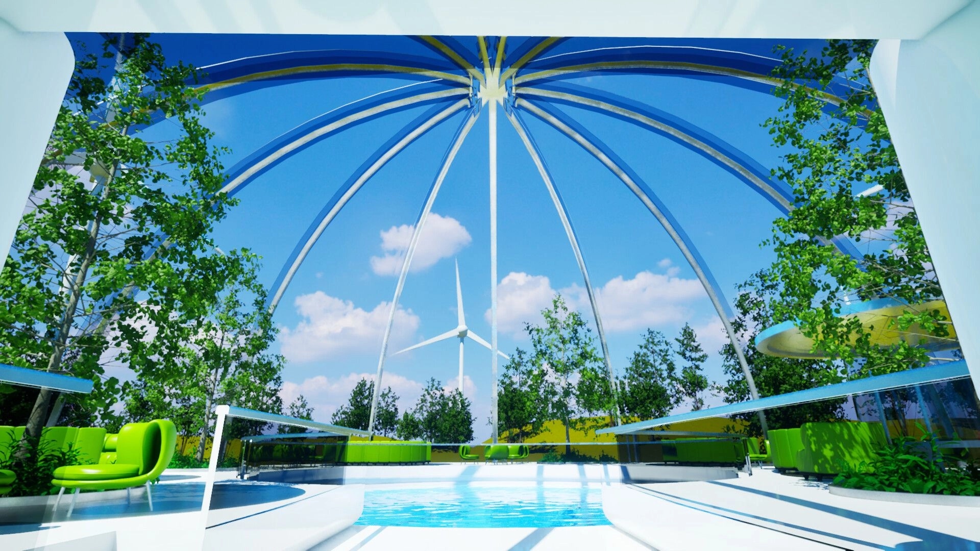 All That Time: Gazing up from a modern pool lounge under a glass dome with trees and wind turbine outside.