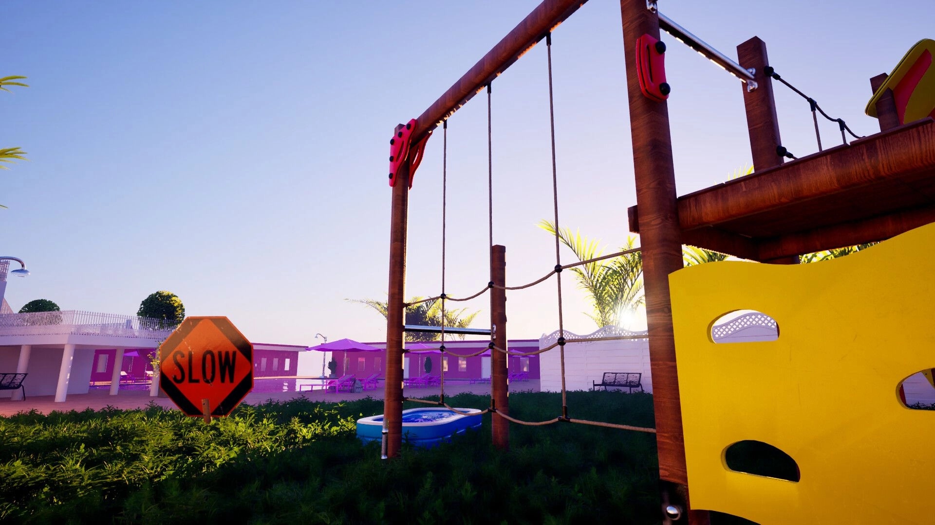 All That Time: Playground climbing net beside a SLOW sign and pool in a sunlit motel courtyard.