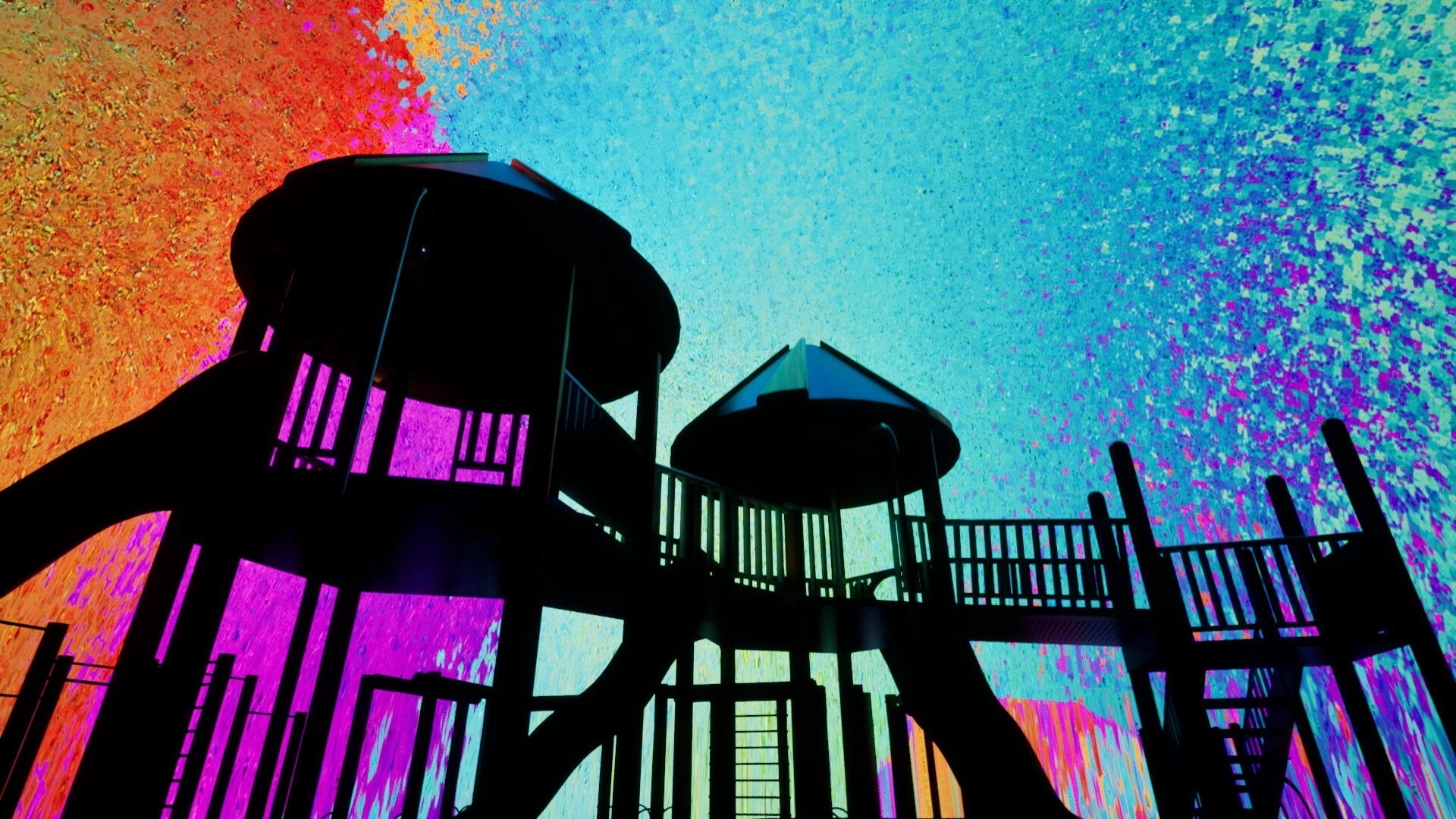 All That Time: Silhouetted playground towers and bridges under a vivid, speckled rainbow sky.