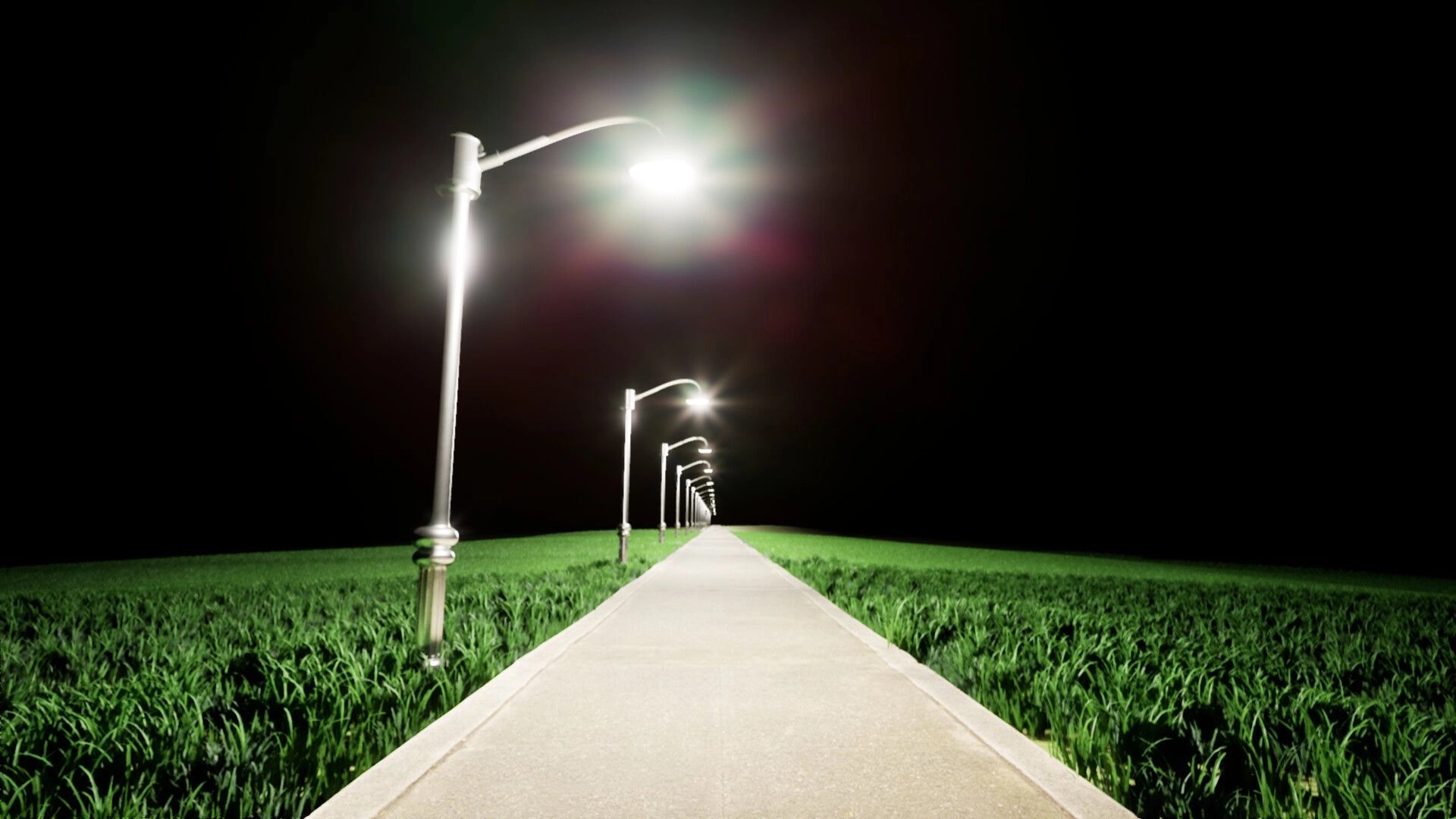 All That Time: First-person view down a long sidewalk lined with glowing streetlights in dark grassland.
