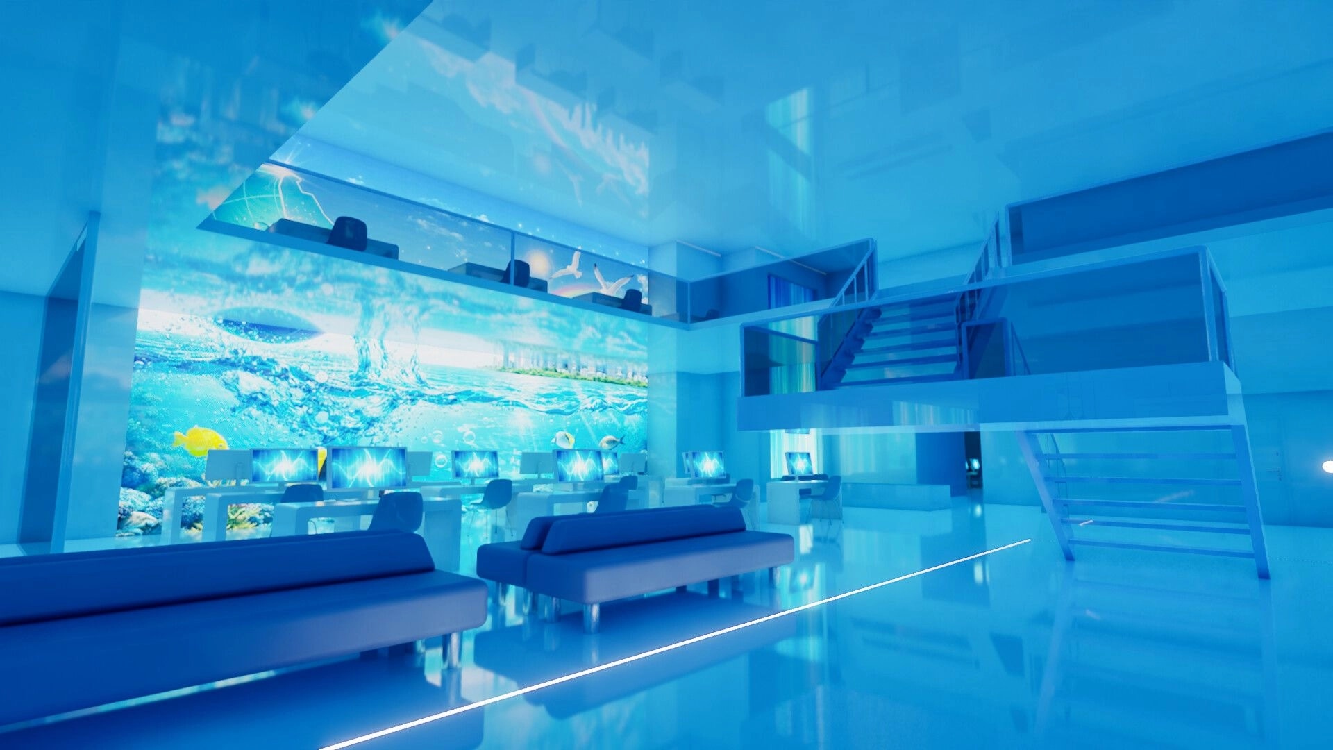 All That Time: Exploring a blue-lit lounge with computers, sofas, and a giant underwater wall mural.